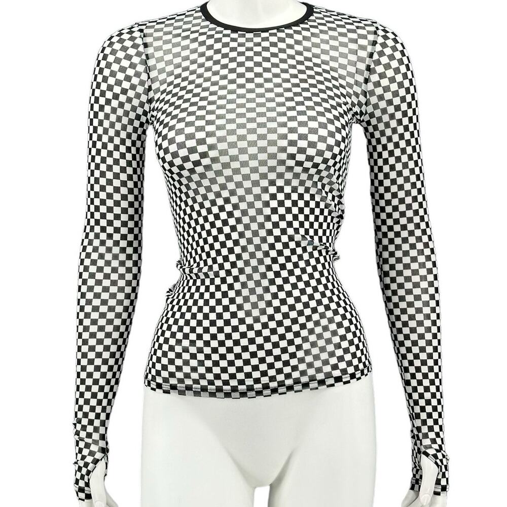 Enza Costa Top Womens Small Black White Mesh Check Sheer Grunge Disco Rave